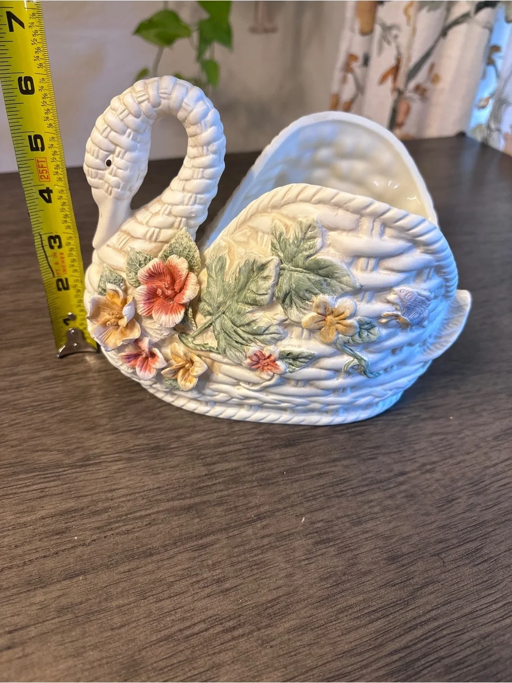 Vintage White Swan Planter with Hand-Painted Floral Accents Cottagecore